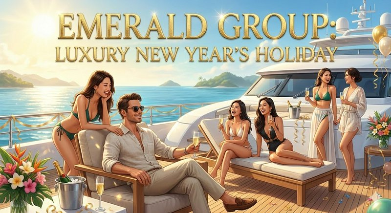 Luxury yacht deck party on a sunlit sea with guests in swimwear toasting champagne.