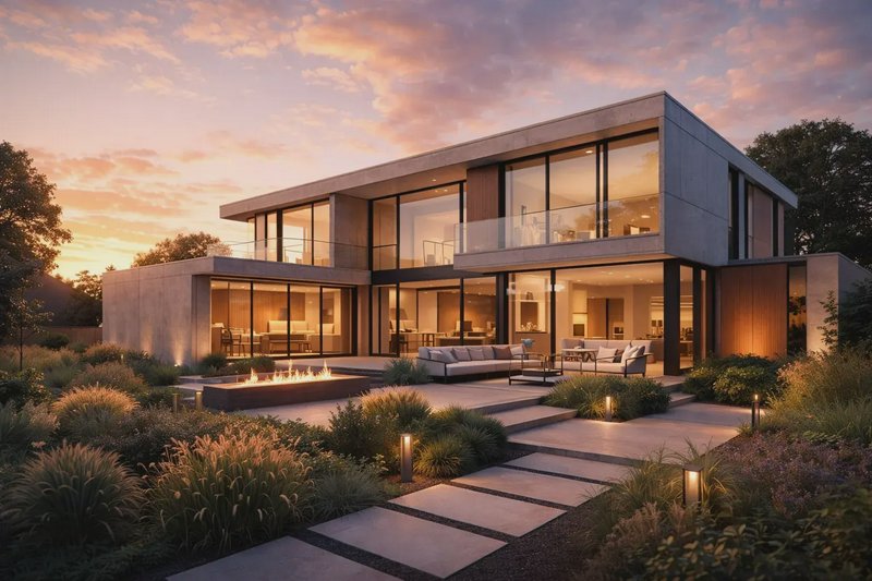 Modern luxury two-story concrete home at sunset, with landscaped backyard patio, fire pit, and fl...