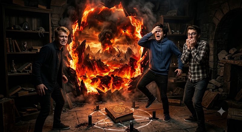 Three panicked young men react to a flaming hell portal erupting from a spell book atop a summoni...