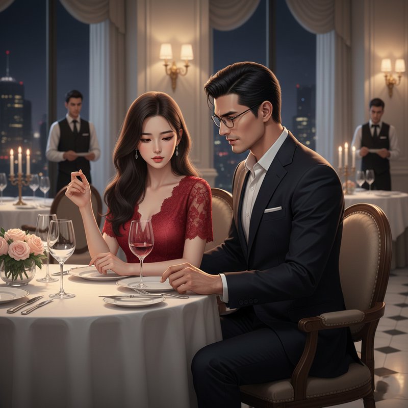 Elegant formally dressed couple sharing a romantic dinner at a luxury high-rise fine dining resta...