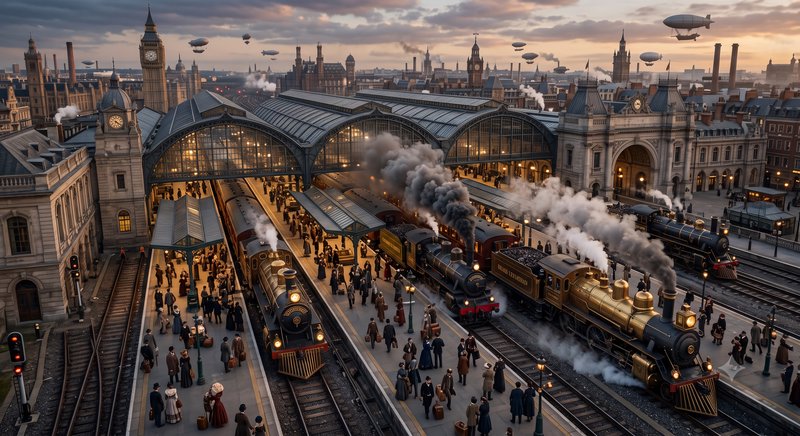 Bustling steampunk Victorian London train station at sunset, with steam locomotives, passenger cr...