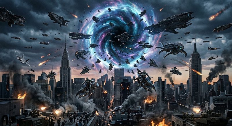 Apocalyptic alien invasion over burning New York City, with a glowing swirling interdimensional p...