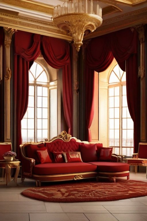 Ornate baroque luxury living room with red velvet sofa, gold accents, arched windows, and gilded ...