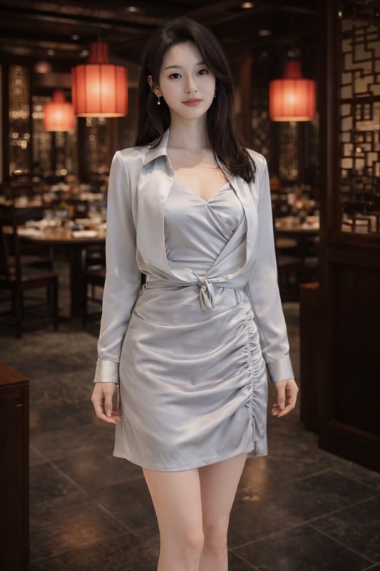 Elegant young East Asian woman in a silver satin mini dress stands in an upscale traditional Chin...