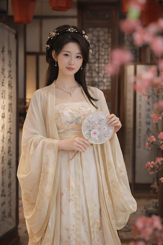 Young woman in embroidered cream hanfu holds floral round fan, standing in a traditional Chinese ...