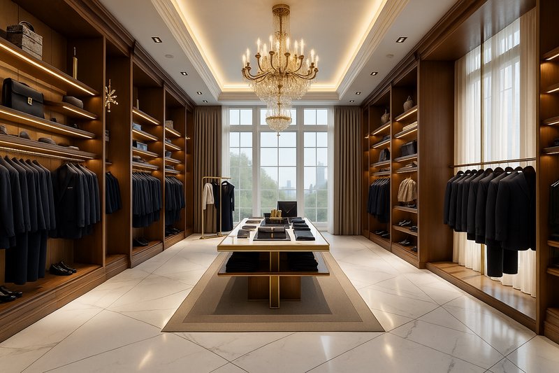 Luxury custom walk-in closet with dark walnut built-ins, crystal chandelier, integrated lighting,...
