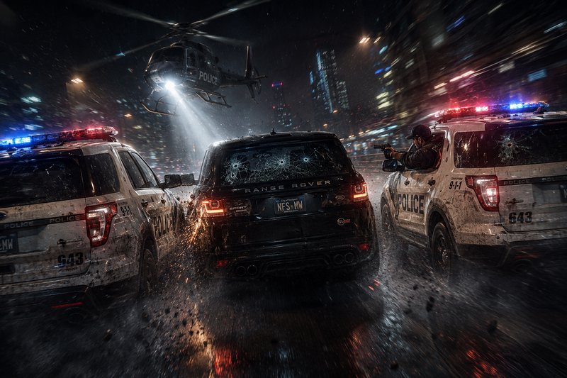 Intense rainy night police chase: patrol SUVs box a bullet-riddled Range Rover as a police helico...
