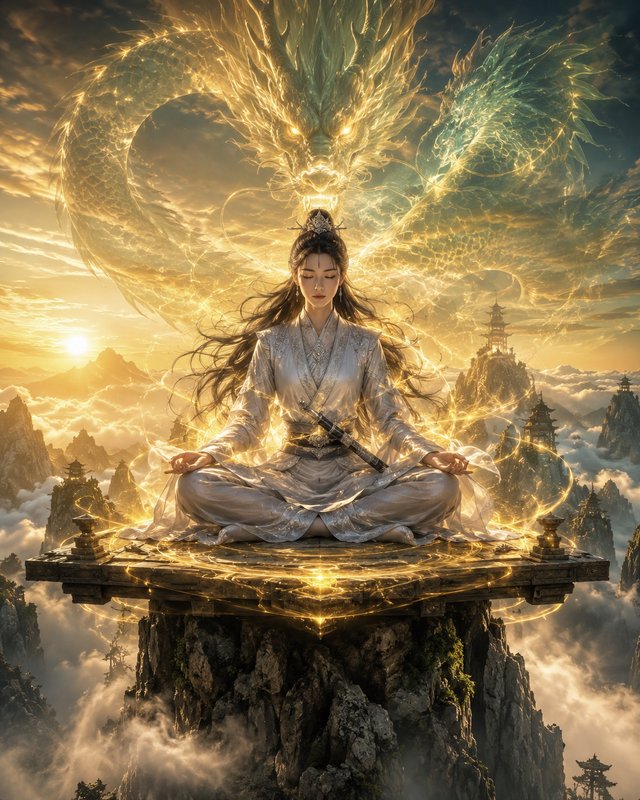 Serene female xianxia cultivator meditates on a mountain peak, glowing golden celestial Chinese d...