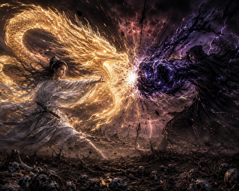 Female fantasy warrior summons golden dragon magic clashing with hooded dark sorcerer on a skull-...