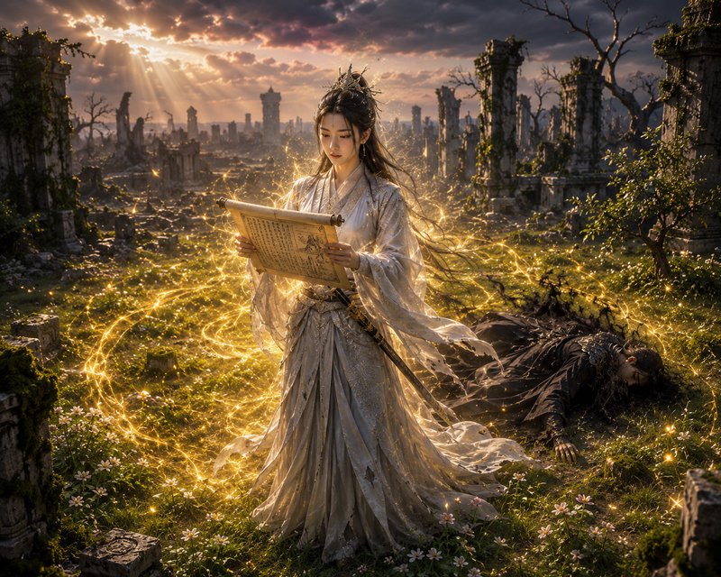 East Asian fantasy sorceress reads glowing ancient scroll, golden magic swirling around her in ov...