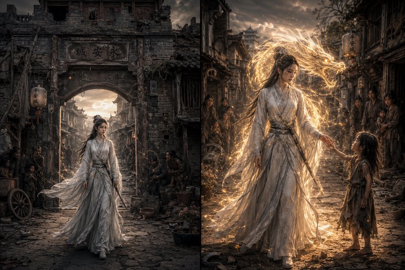 Split diptych fantasy art: East Asian hanfu heroine, left entering ruined walled city, right with...