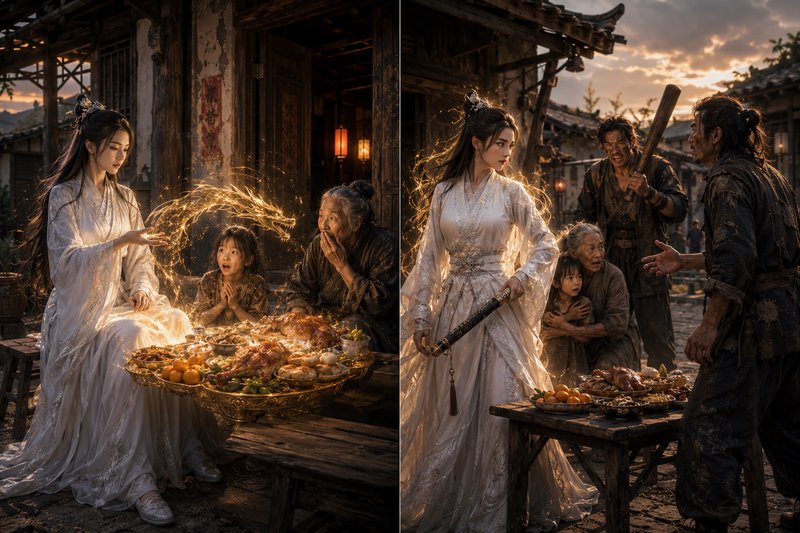 Diptych of xianxia fantasy heroine: left conjures golden magic feast for villagers, right defends...