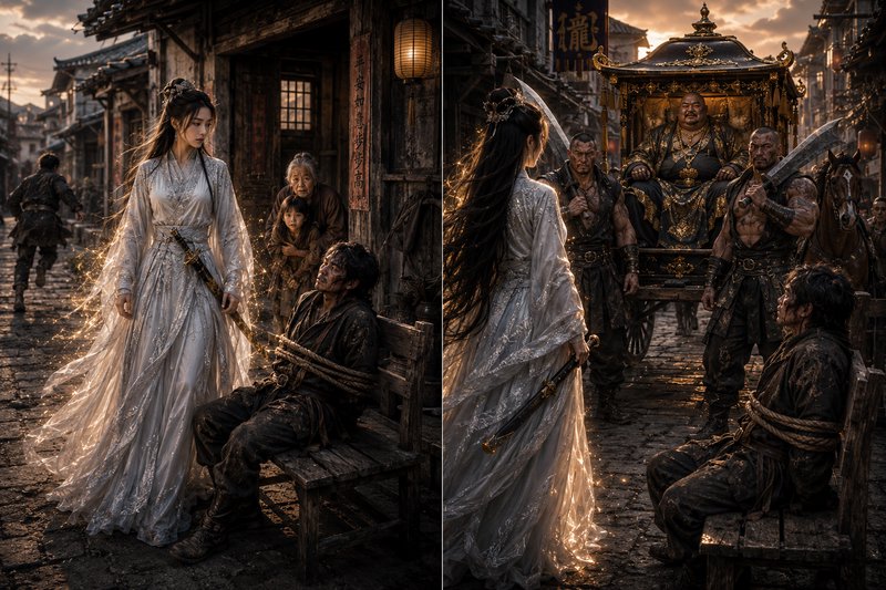 Diptych wuxia fantasy art of an enchanted swordswoman in white hanfu confronting a feudal lord in...