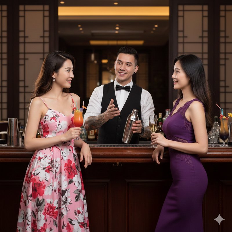 Two women holding cocktails chat with a smiling bartender holding a shaker at an upscale wood hot...