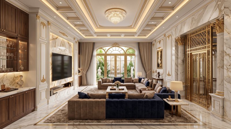 Elegant neoclassical luxury living room with gold trim, plush velvet sofas, crystal chandelier, a...