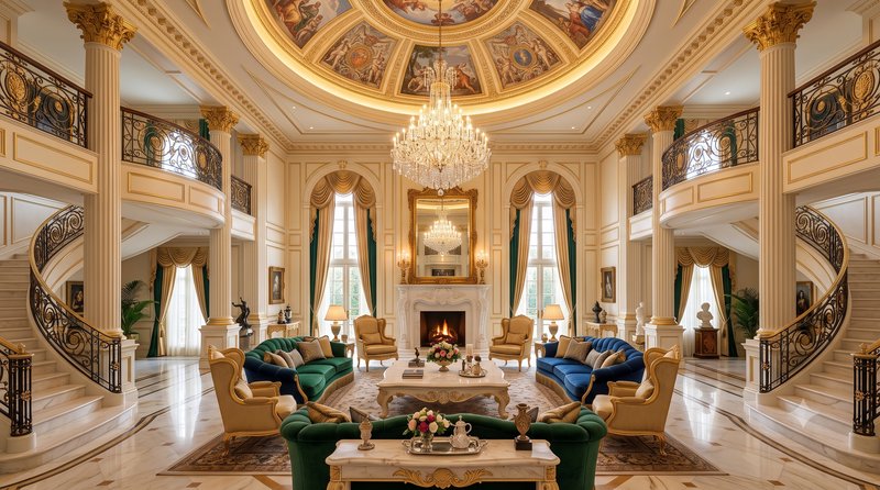 Opulent neoclassical mansion great room with frescoed domed ceiling, crystal chandelier, dual spi...