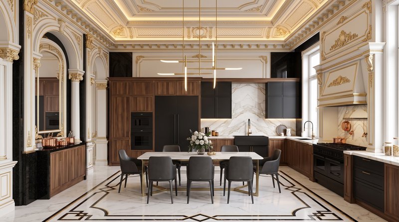 Opulent neoclassical luxury kitchen and dining room with gilded trim, marble inlay floors, and mi...
