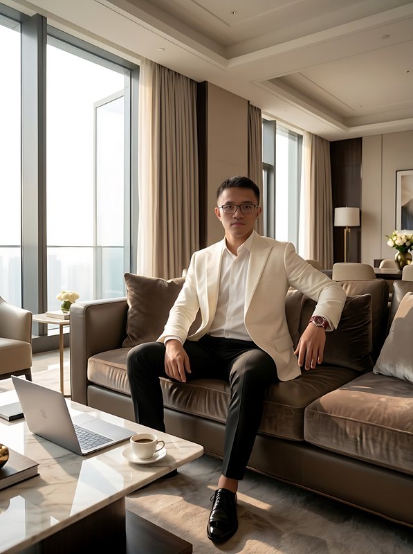 East Asian businessman in a cream blazer sits on a luxury sofa in a sunlit high-rise penthouse
