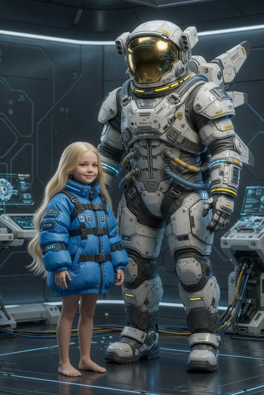 Young girl in a blue puffer jacket beside a large futuristic space-suit robot in a high-tech lab.