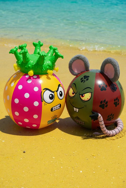 Two colorful inflatable beach balls with cartoon faces sit on sunny yellow sand near turquoise sea.