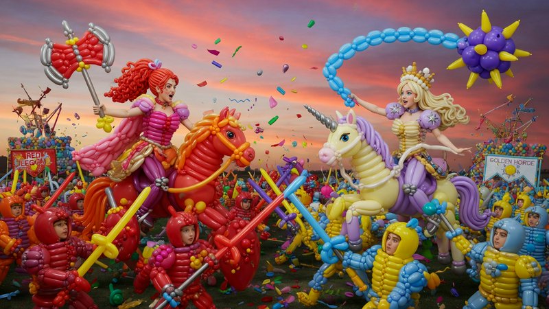 Colorful inflatable balloon battle scene with princess riders on horses, wielding balloon swords ...