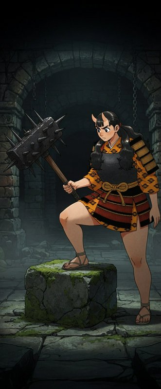 Stylized female warrior with horns in a dungeon, wielding a spiked mace.