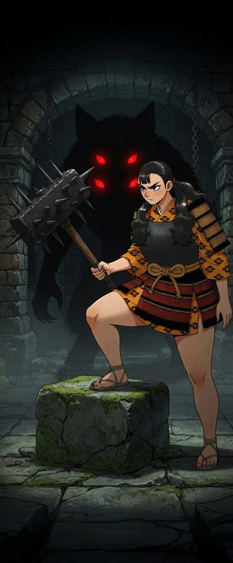 Female warrior with spiked mace stands on a mossy block in a dungeon, a shadowy demon with red ey...