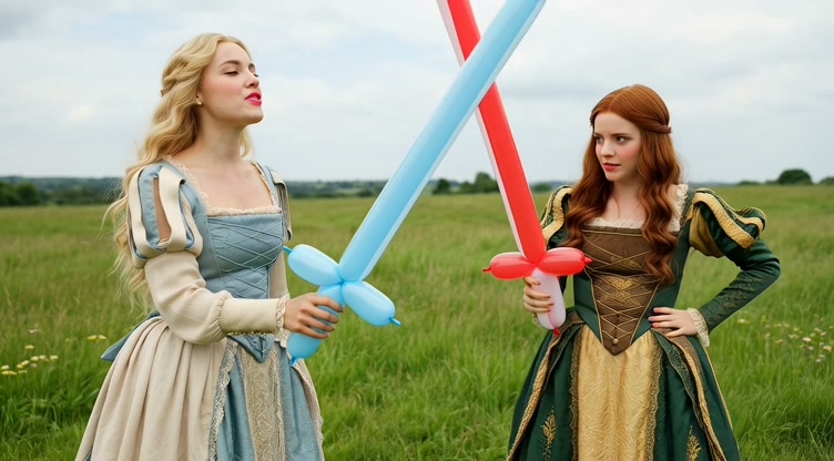 Two women in medieval costumes duel with balloon swords in a grassy field
