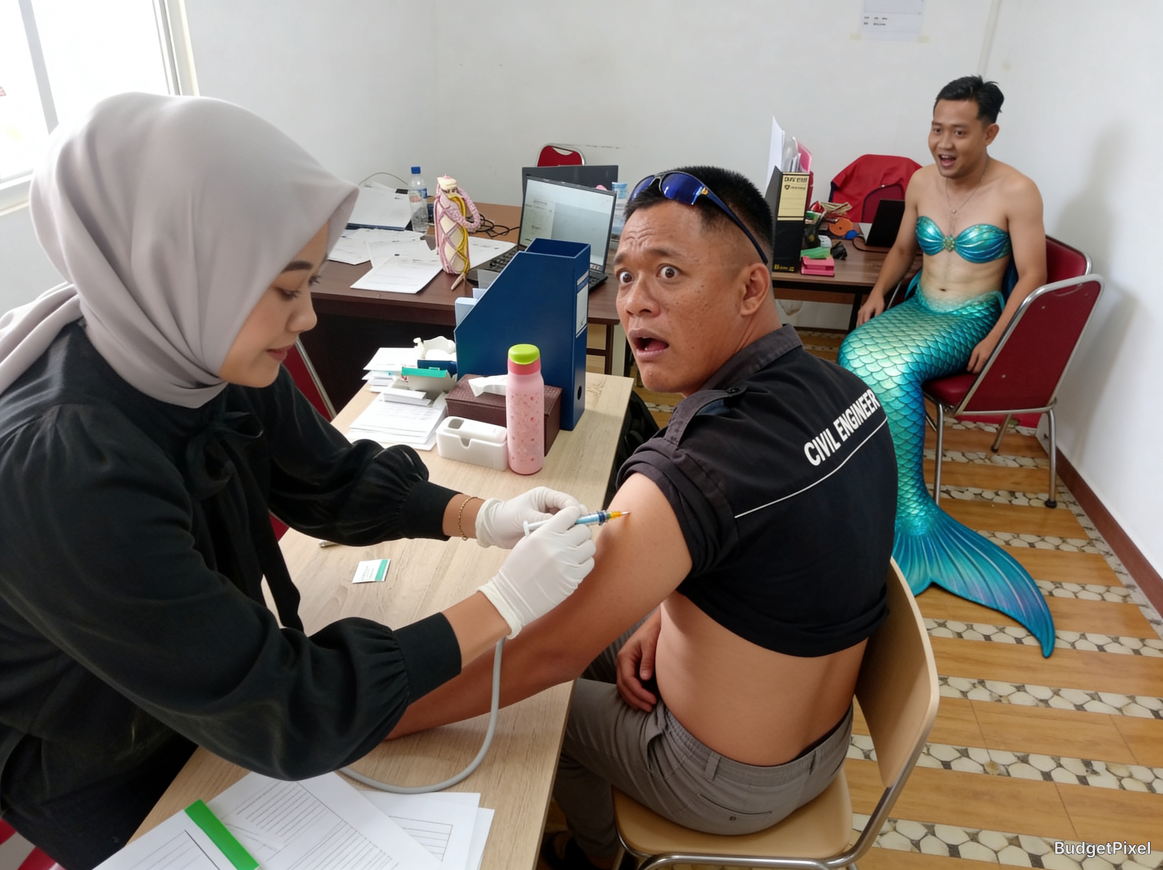 Nurse in hijab gives a vaccine to a man in a black shirt at a desk; a mermaid-costumed person watches in the background.