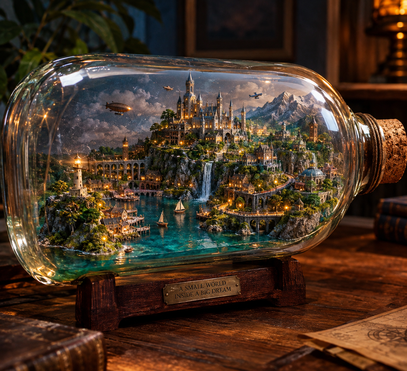 Intricate fantasy kingdom micro-diorama encased in a large corked glass bottle on a wooden display stand