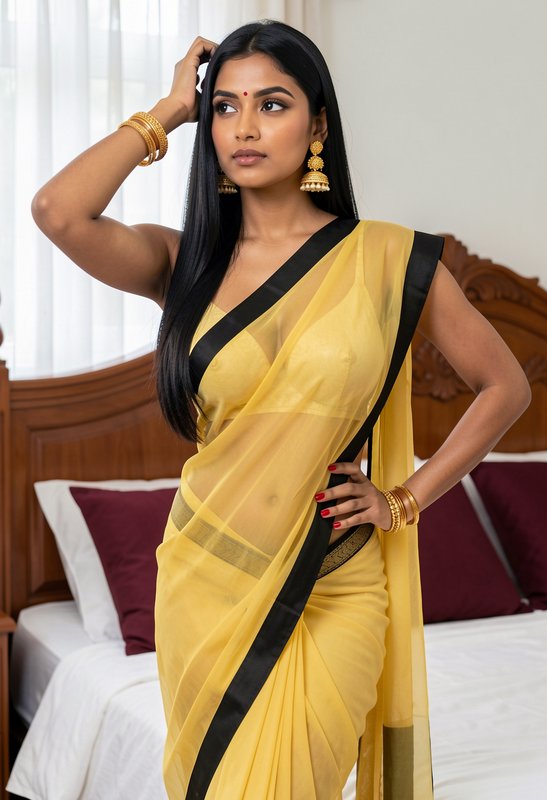 Elegant South Asian woman poses in a sheer pale yellow saree with black trim, wearing traditional...