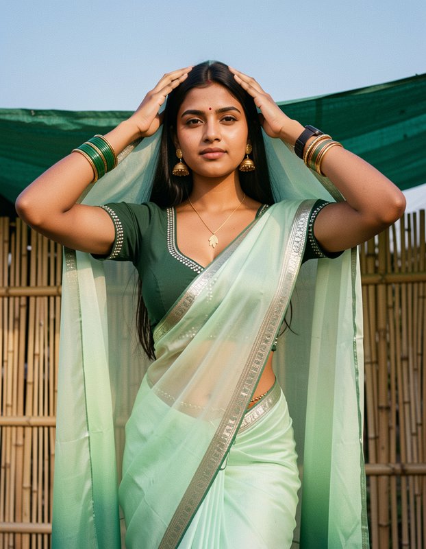 Young Indian woman in a pale green saree adjusts her sheer dupatta outdoors in warm daylight