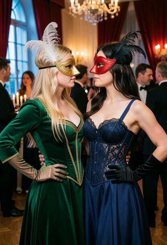 Two women in feathered masquerade gowns face each other at a formal candlelit ball