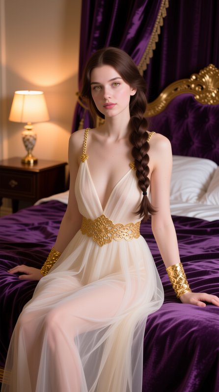 Young woman in a sheer cream gown with gold accents sits on an ornate purple velvet bed