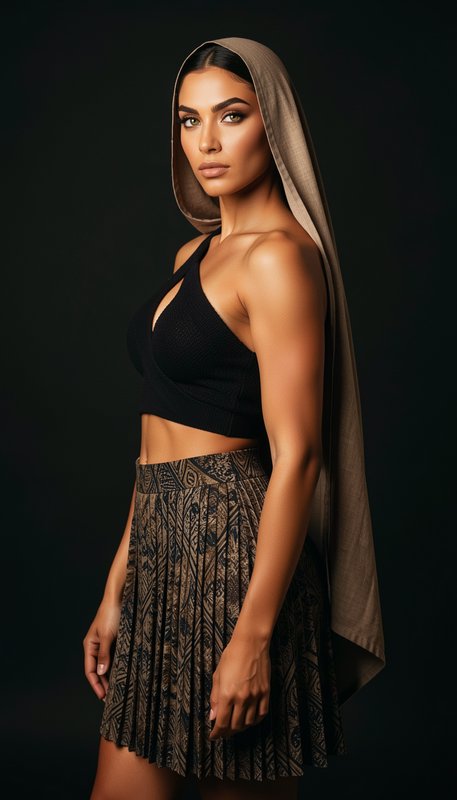 Fashion studio portrait of a confident woman with fabric draped over her head against a dark back...