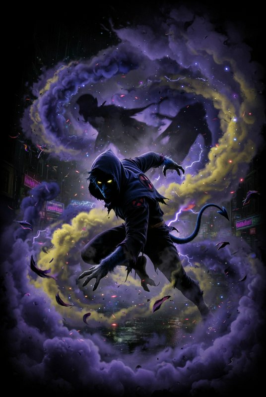 Hooded demon with glowing eyes leaps through a purple smoky portal in a neon-lit city night.