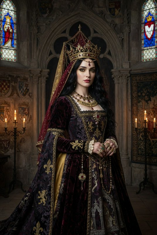 Regal queen in burgundy velvet gown with gold embroidery, crown, and veil in a medieval palace.
