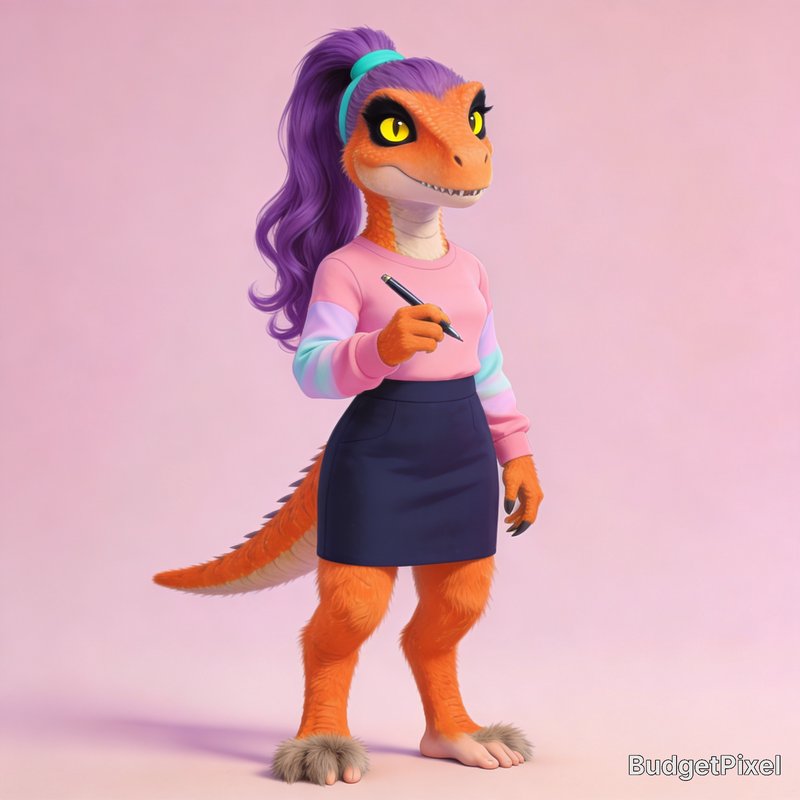 Cartoon orange dinosaur with purple hair in a pink sweater and navy skirt, holding a pen against a pastel pink background.