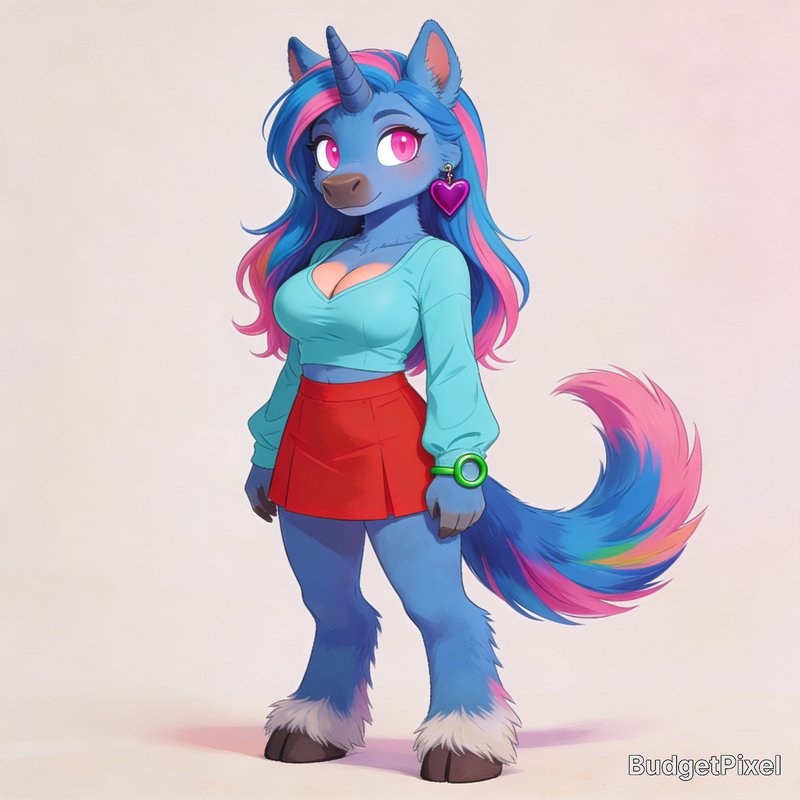 Anthropomorphic blue unicorn character with pink/teal mane wearing a turquoise top and red skirt.