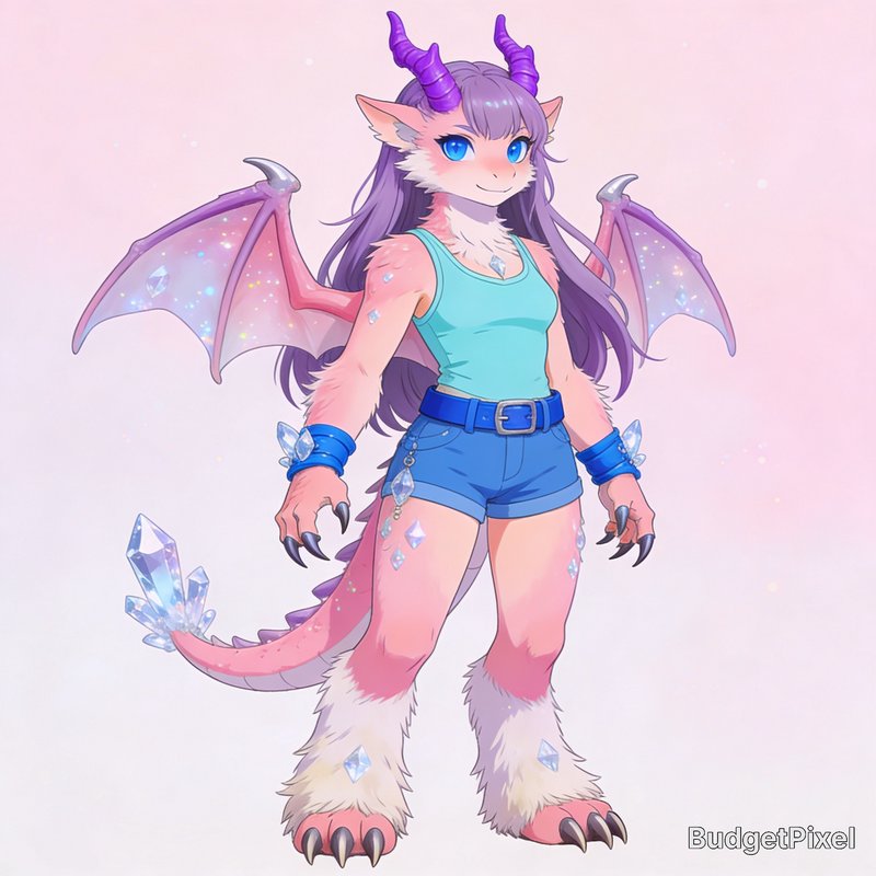 Anthropomorphic dragon girl with purple horns, blue tank top, denim shorts, wings, crystal accent...