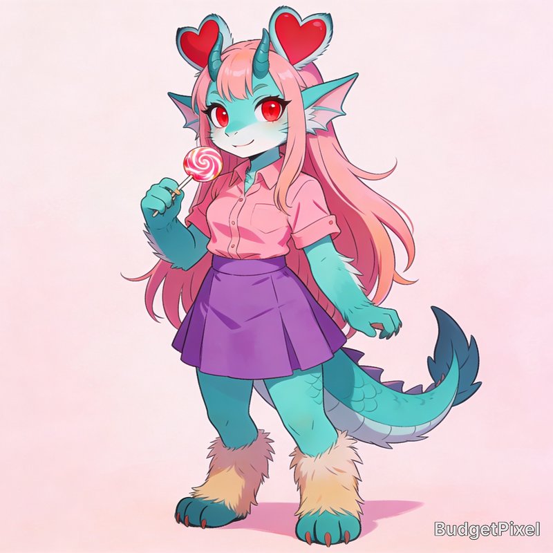 A turquoise dragon girl with pink hair, heart-shaped horns, pink shirt, purple skirt, licking a lollipop.