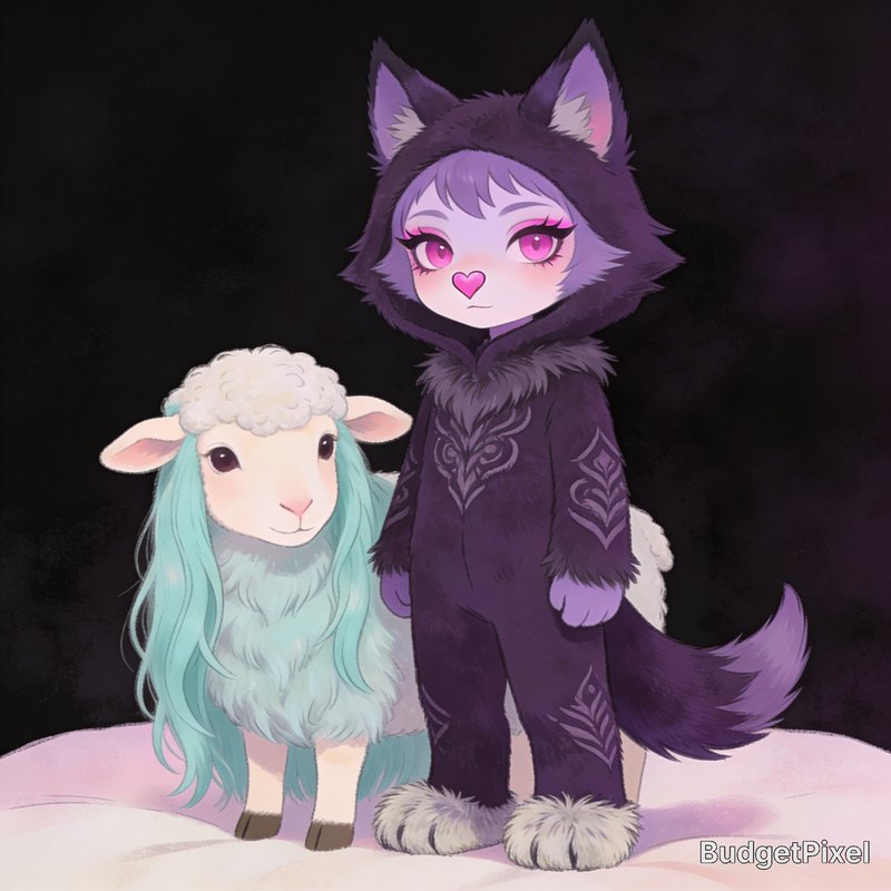Anthropomorphic purple wolf-style character in a fur suit beside a fluffy pastel llama on snowy ground