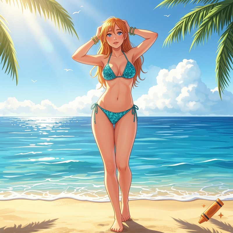 Red haired anime woman in a patterned turquoise bikini standing on a sunny tropical beach