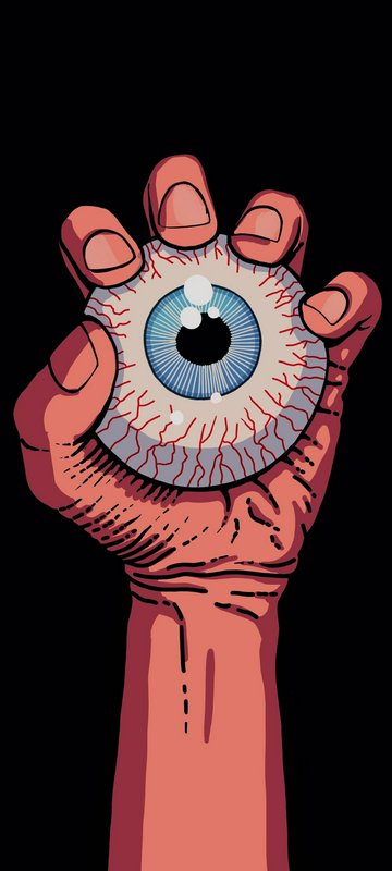 Comic style illustration of a hand holding a large bloodshot blue eyeball against a solid black b...