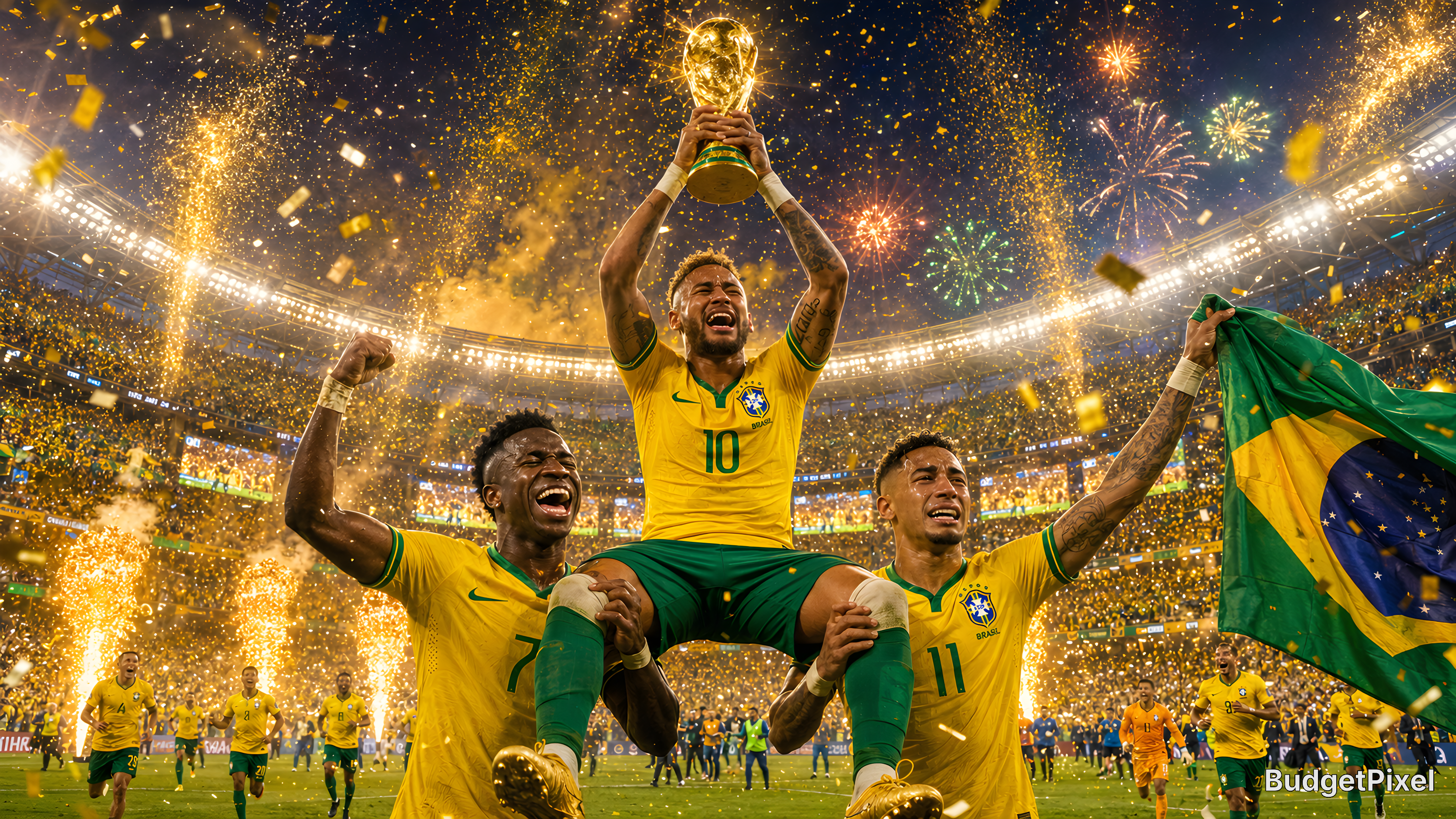 Brazil players celebrate World Cup win, lifting the trophy amid fireworks and confetti.