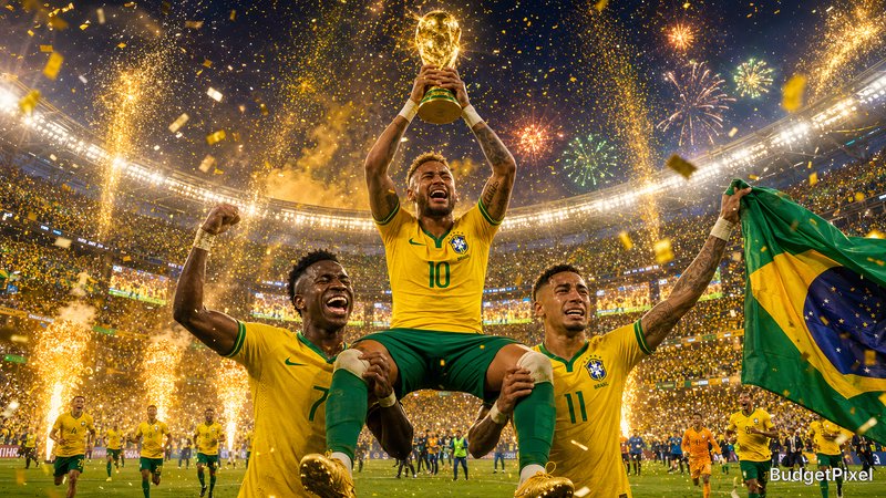 Brazil players celebrate World Cup win, lifting the trophy amid fireworks and confetti.