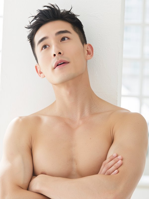 Bare-chested Asian male model leaning against a white wall, gazing upward.