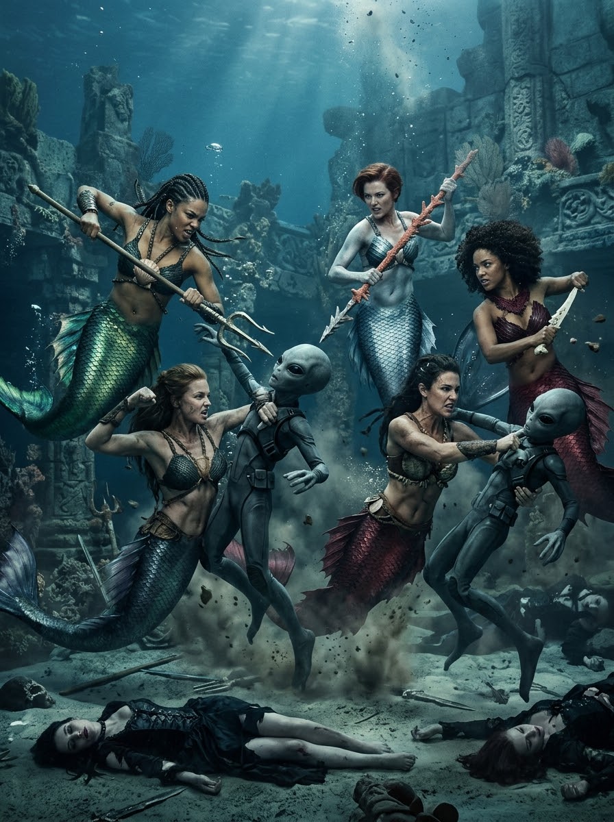 Fierce armored mermaid warriors battle grey alien invaders above an ancient sunken underwater ruin