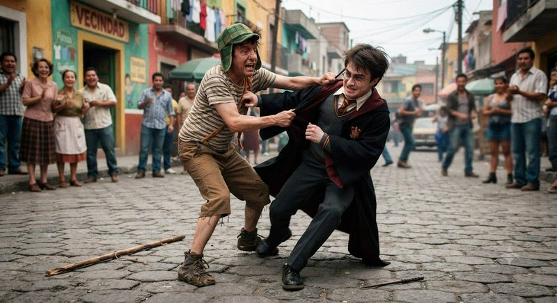 El Chavo del Ocho tugs Harry Potter's Hogwarts robe in a cobblestone Mexican street as laughing o...