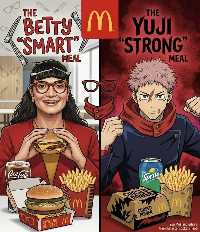 Split panel McDonald's crossover fan art promoting the Betty Smart Meal and Jujutsu Kaisen Yuji S...